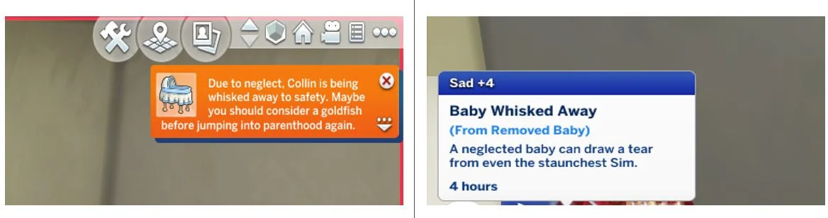 Mejoras negativas después de sacar a un bebé en Sims 4.